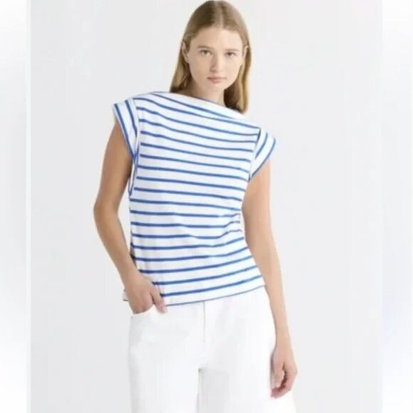 Free Assembly 100% Cotton Nautical Blue & White Stripe Boatneck Top - Picture 1 of 11